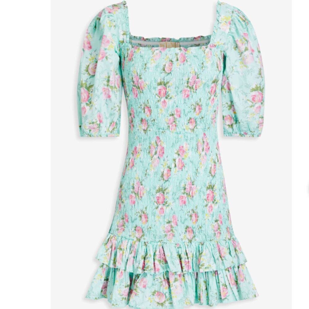 BYTIMO Dropped Waist Camelia Shirred Floral-print Cotton Mini Dress Turquoise M - Picture 3 of 12